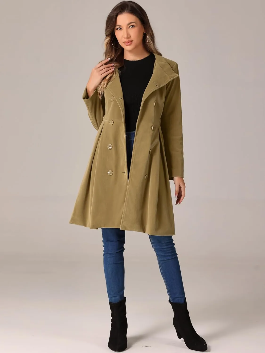 Allegra K Velvet A-Line Coat for Women's Christmas Double Breasted Winter Swing Coats