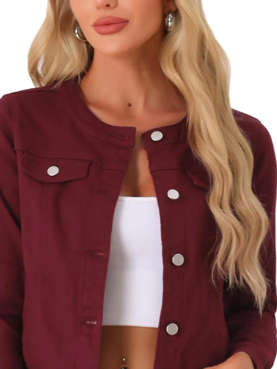 Allegra K Women's Denim Jacket Button Down Collarless Long Sleeve Jean Jackets