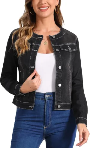 Allegra K Women's Denim Jacket Button Down Collarless Long Sleeve Jean Jackets