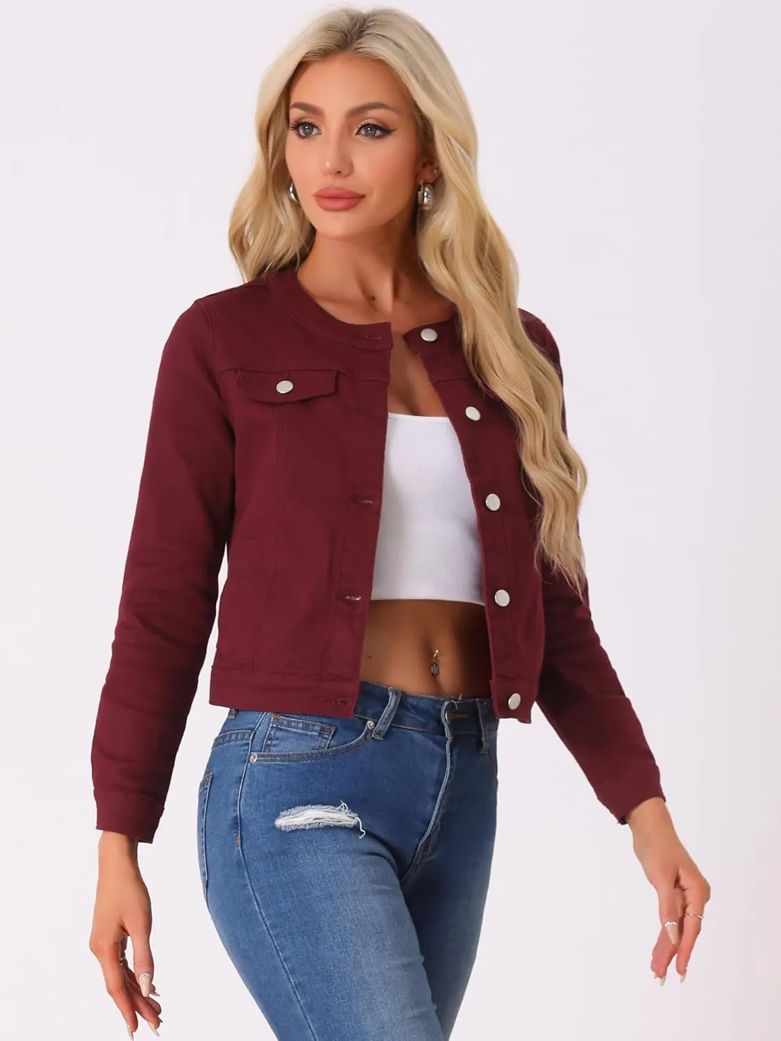 Allegra K Women's Denim Jacket Button Down Collarless Long Sleeve Jean Jackets