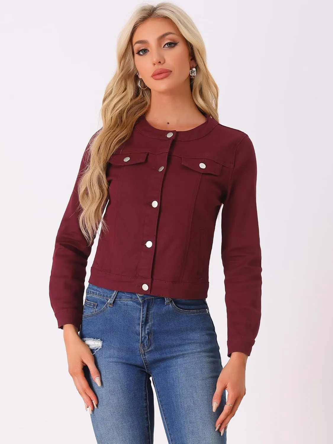Allegra K Women's Denim Jacket Button Down Collarless Long Sleeve Jean Jackets