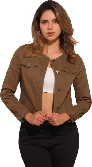 Allegra K Women's Denim Jacket Button Down Collarless Long Sleeve Jean Jackets
