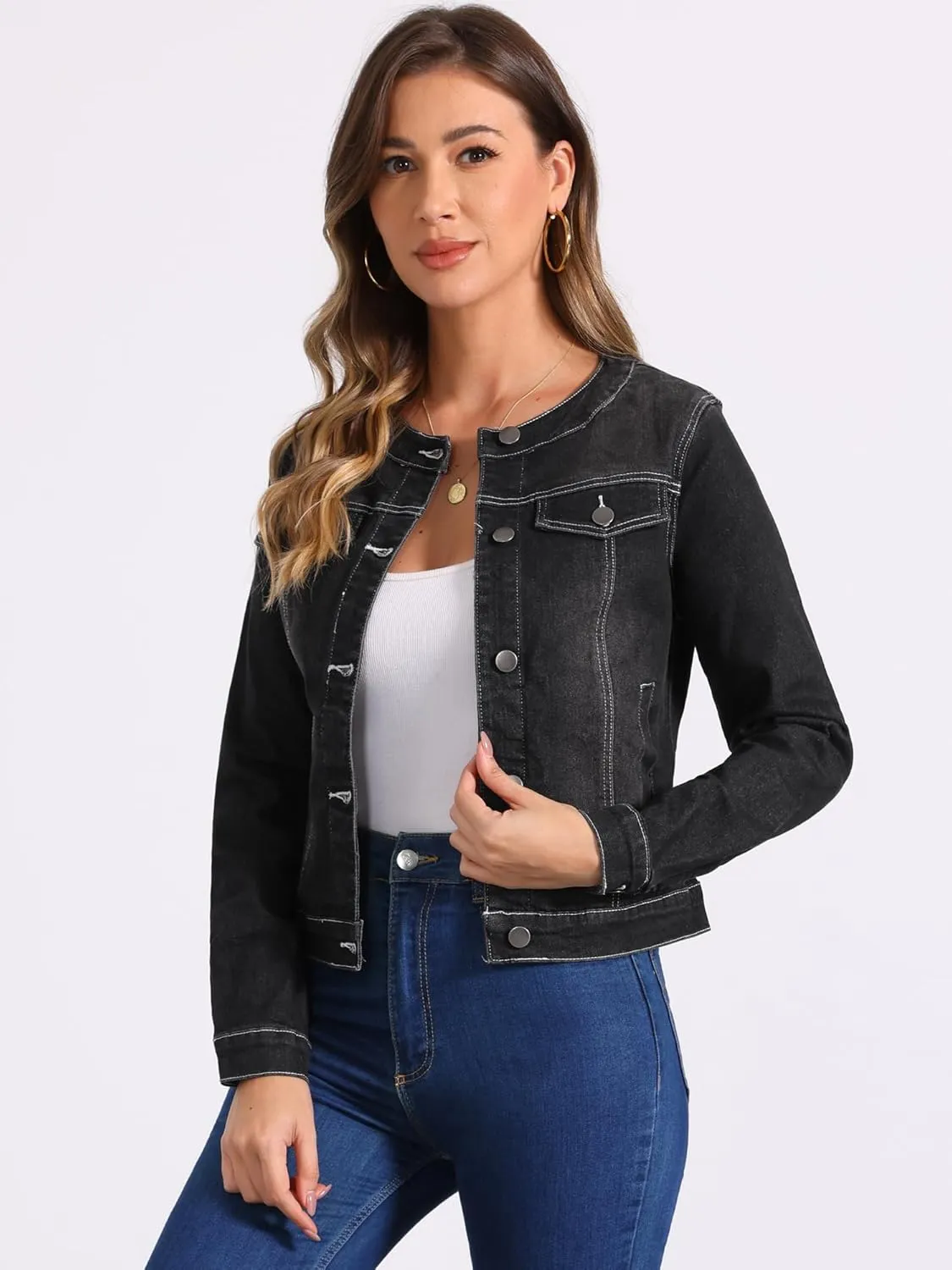 Allegra K Women's Denim Jacket Button Down Collarless Long Sleeve Jean Jackets