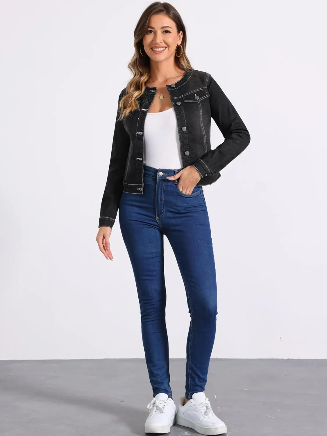 Allegra K Women's Denim Jacket Button Down Collarless Long Sleeve Jean Jackets