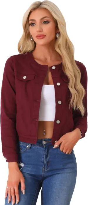 Allegra K Women's Denim Jacket Button Down Collarless Long Sleeve Jean Jackets
