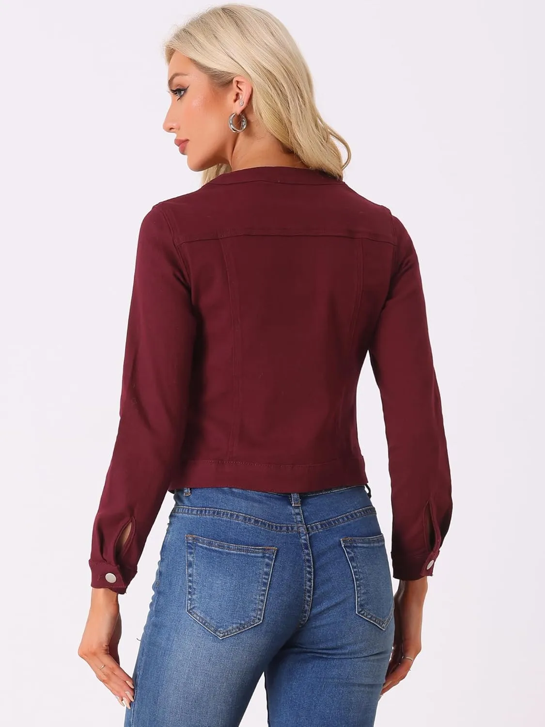 Allegra K Women's Denim Jacket Button Down Collarless Long Sleeve Jean Jackets