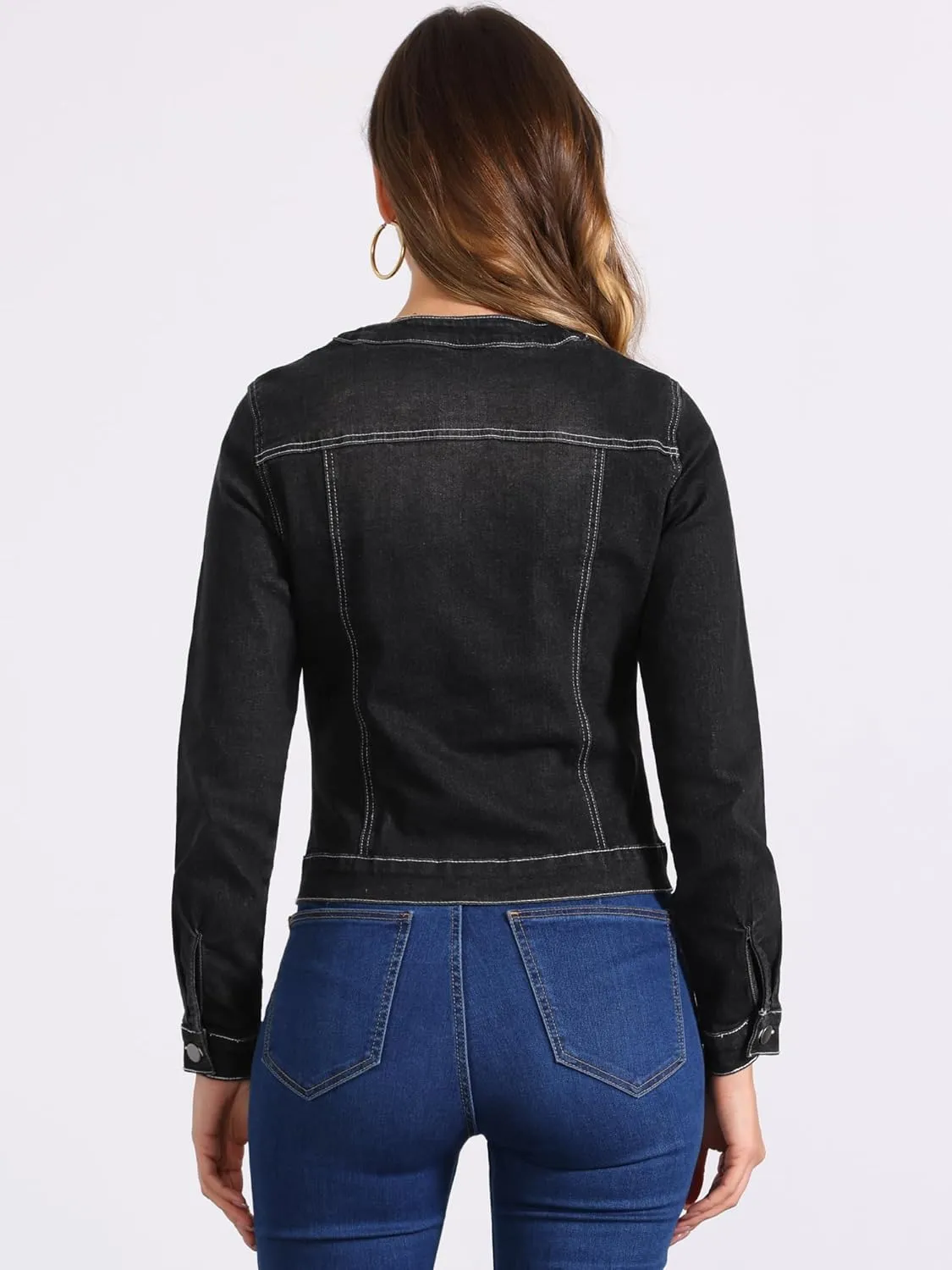 Allegra K Women's Denim Jacket Button Down Collarless Long Sleeve Jean Jackets