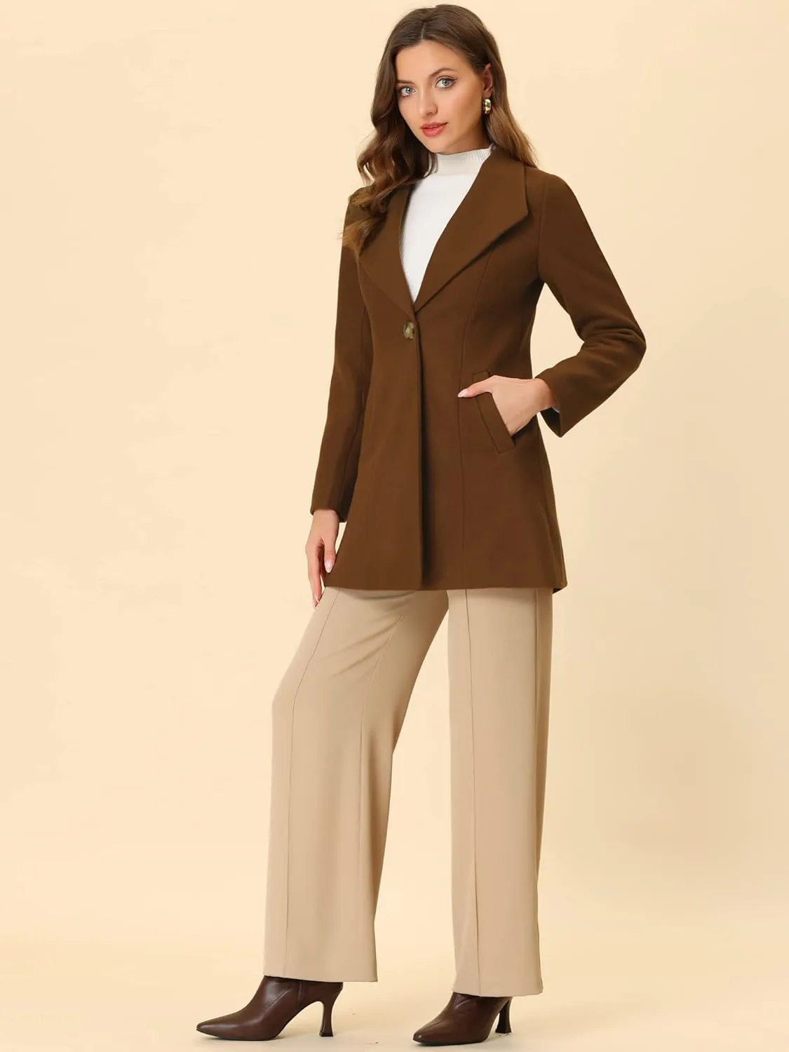 Allegra K Women's Lapel Collar Buttoned Outwear Elegant Work Notch Trench Winter Coats