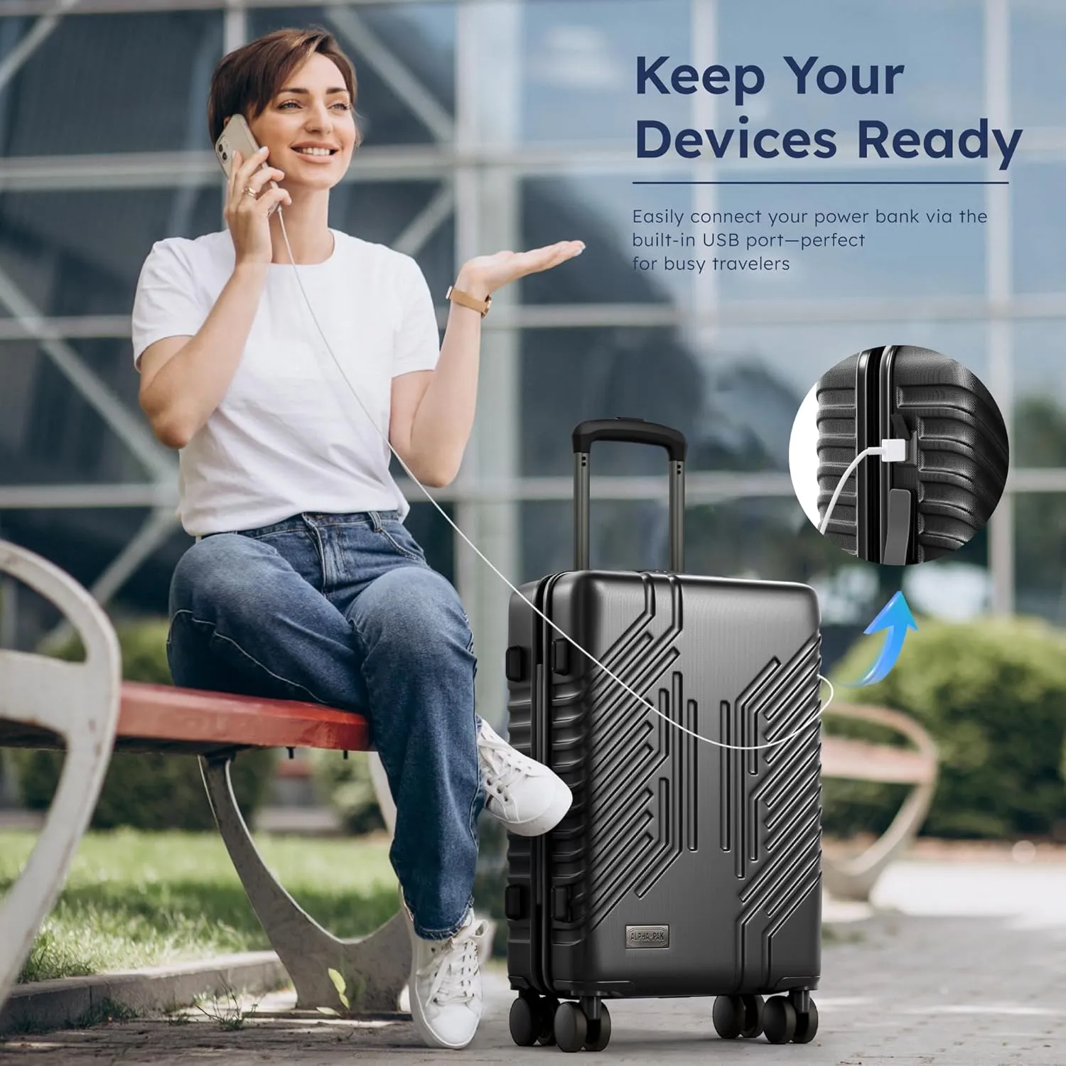ALPHA CAMP 20-inch Carry On Luggage Airline Approved - PC ABS Lightweight Suitcase with Built-in TSA LockHard-shell Durable Rolling Luggage with USB Port