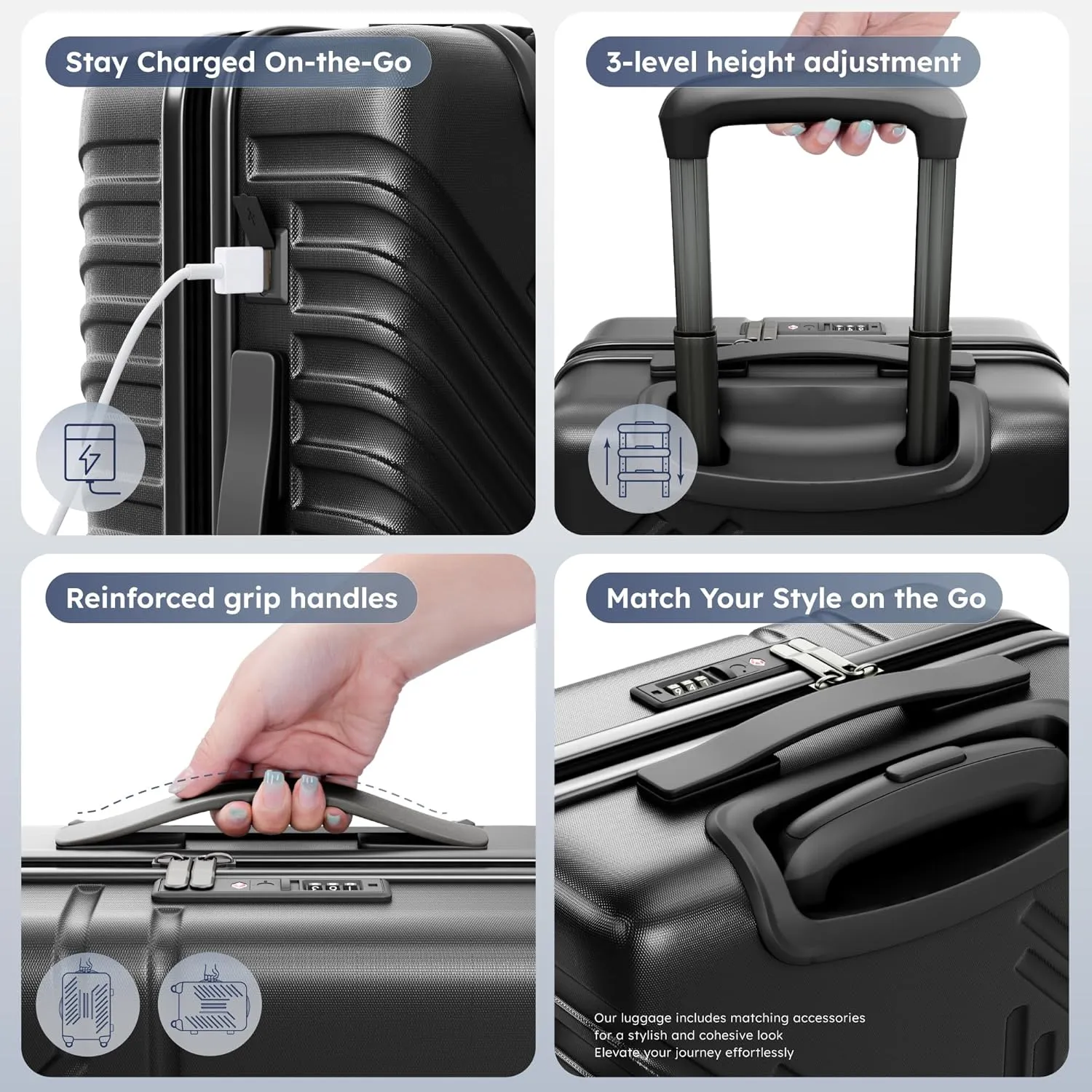 ALPHA CAMP 20-inch Carry On Luggage Airline Approved - PC ABS Lightweight Suitcase with Built-in TSA LockHard-shell Durable Rolling Luggage with USB Port