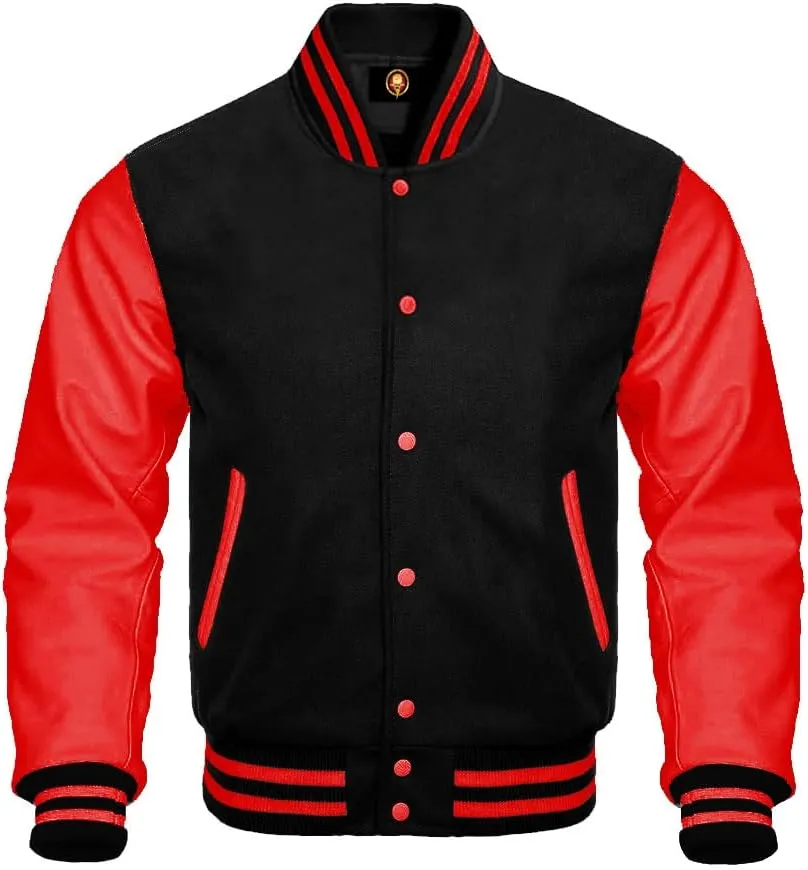 AMAZEE Bomber School Baseball Letterman Varsity Jacket Cow Leather Sleeves 30 Wool Body Colors