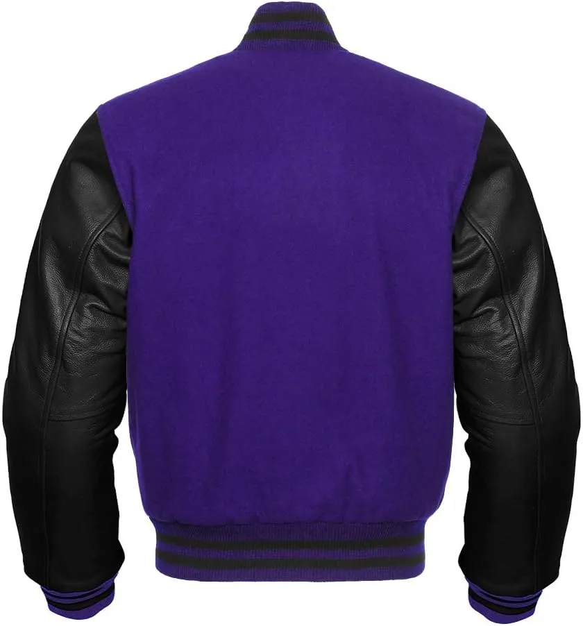 American Letterman Baseball Varsity Bomber Jacket in Purple Wool & Black Cowhide Leather Sleeves