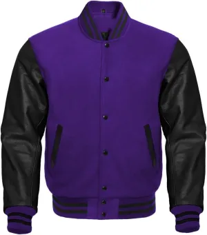 American Letterman Baseball Varsity Bomber Jacket in Purple Wool & Black Cowhide Leather Sleeves