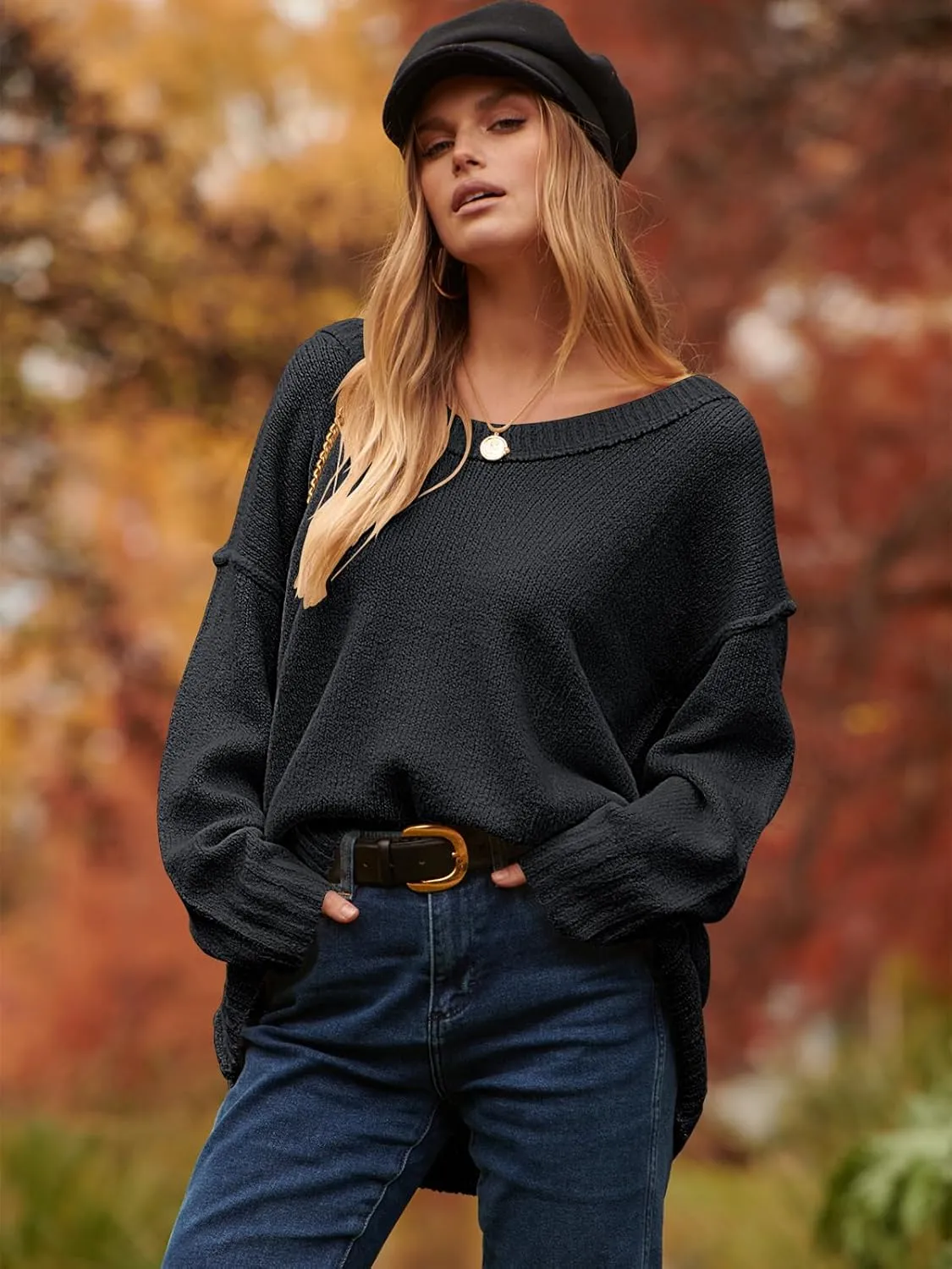 ANRABESS Women's Oversized Casual Loose Slouchy Scoop V Neck Batwing Long Sleeve Knit 2025 Fall Pullover Sweaters