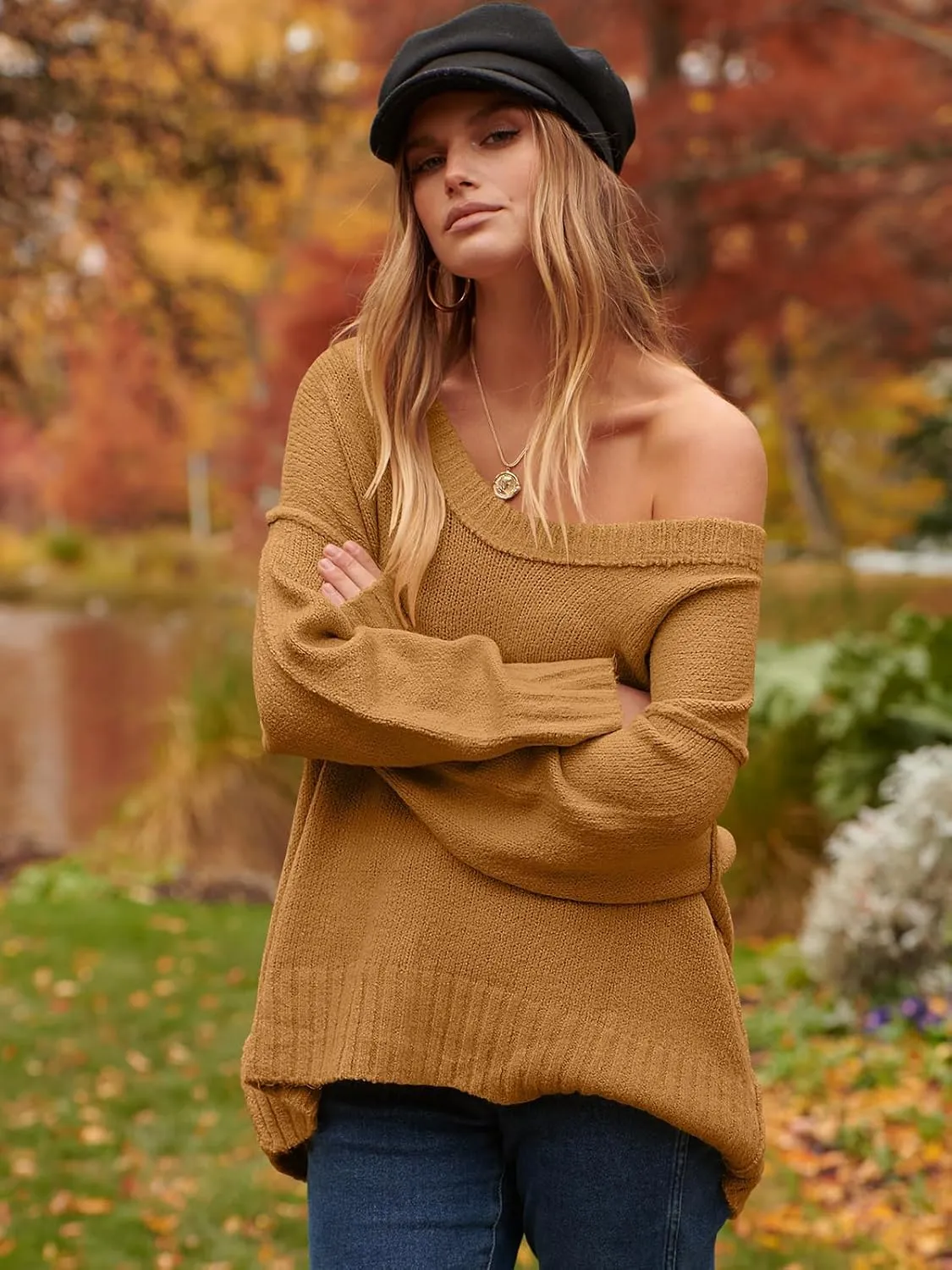 ANRABESS Women's Oversized Casual Loose Slouchy Scoop V Neck Batwing Long Sleeve Knit 2025 Fall Pullover Sweaters