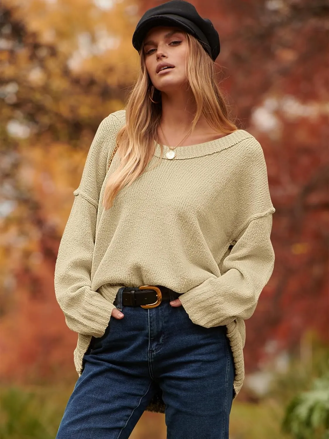 ANRABESS Women's Oversized Casual Loose Slouchy Scoop V Neck Batwing Long Sleeve Knit 2025 Fall Pullover Sweaters