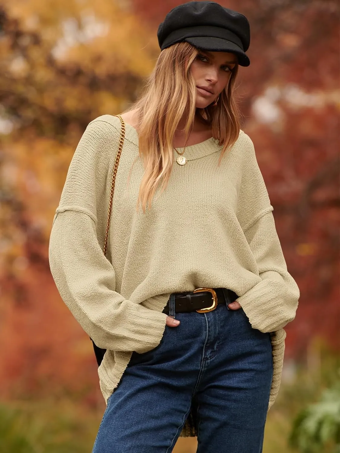 ANRABESS Women's Oversized Casual Loose Slouchy Scoop V Neck Batwing Long Sleeve Knit 2025 Fall Pullover Sweaters