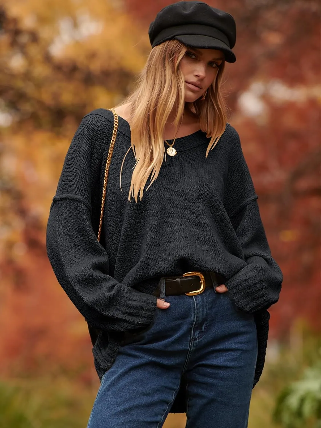 ANRABESS Women's Oversized Casual Loose Slouchy Scoop V Neck Batwing Long Sleeve Knit 2025 Fall Pullover Sweaters
