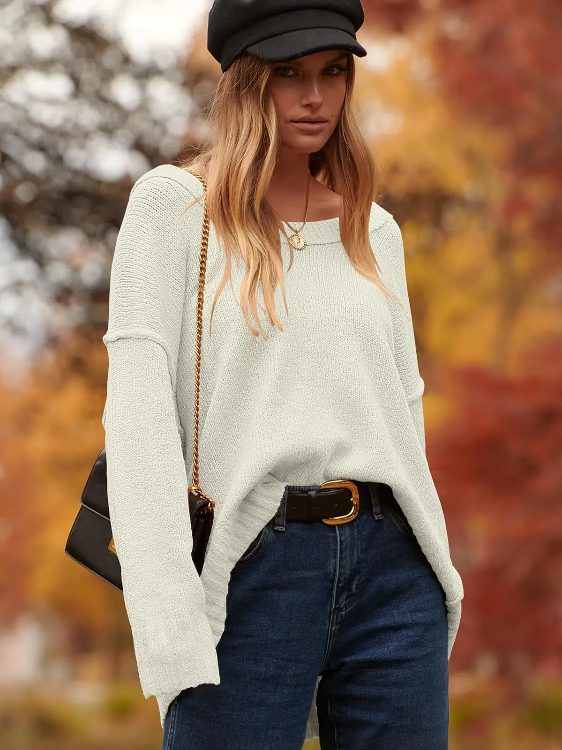 ANRABESS Women's Oversized Casual Loose Slouchy Scoop V Neck Batwing Long Sleeve Knit 2025 Fall Pullover Sweaters