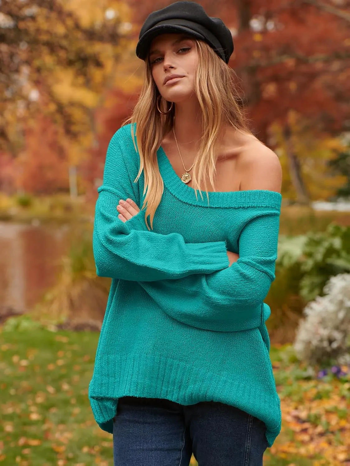 ANRABESS Women's Oversized Casual Loose Slouchy Scoop V Neck Batwing Long Sleeve Knit 2025 Fall Pullover Sweaters