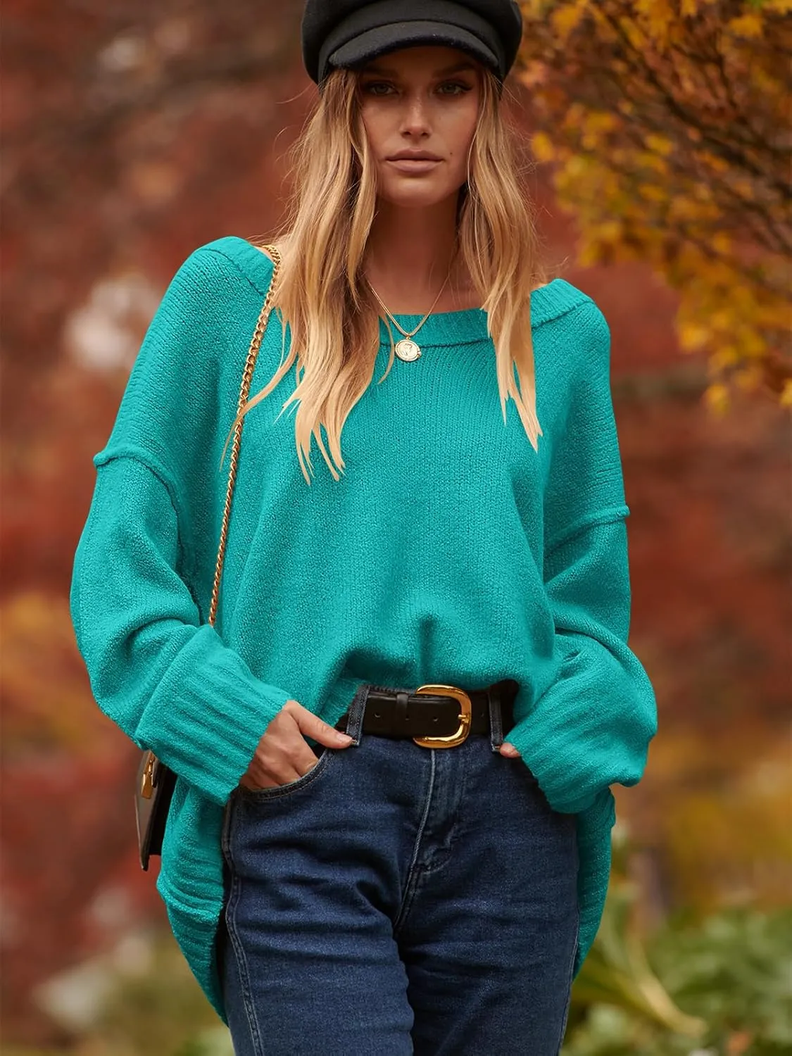 ANRABESS Women's Oversized Casual Loose Slouchy Scoop V Neck Batwing Long Sleeve Knit 2025 Fall Pullover Sweaters