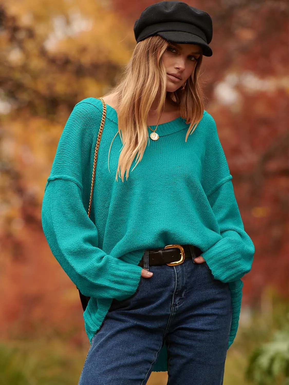 ANRABESS Women's Oversized Casual Loose Slouchy Scoop V Neck Batwing Long Sleeve Knit 2025 Fall Pullover Sweaters