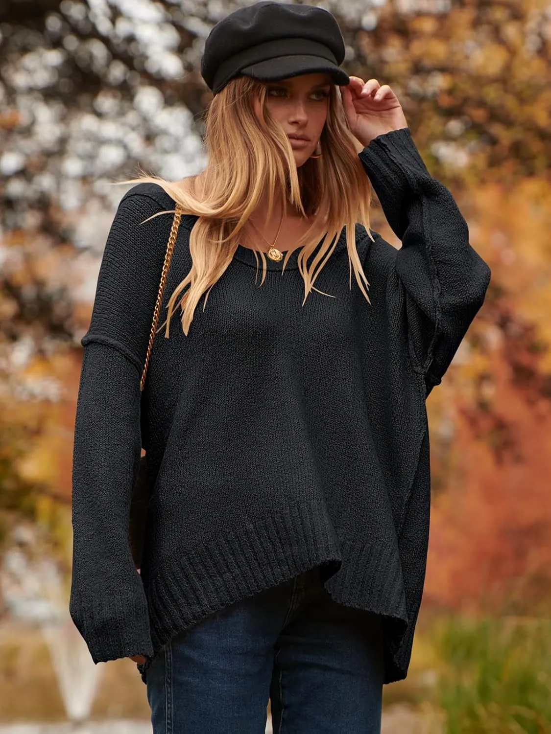 ANRABESS Women's Oversized Casual Loose Slouchy Scoop V Neck Batwing Long Sleeve Knit 2025 Fall Pullover Sweaters