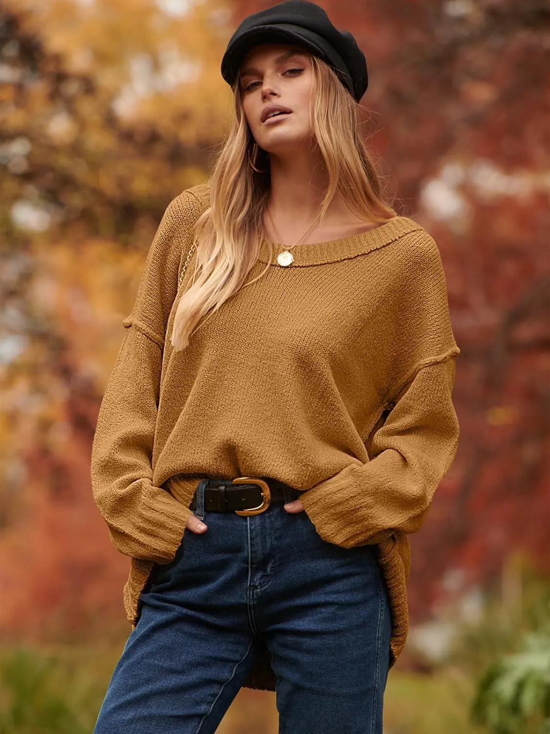 ANRABESS Women's Oversized Casual Loose Slouchy Scoop V Neck Batwing Long Sleeve Knit 2025 Fall Pullover Sweaters