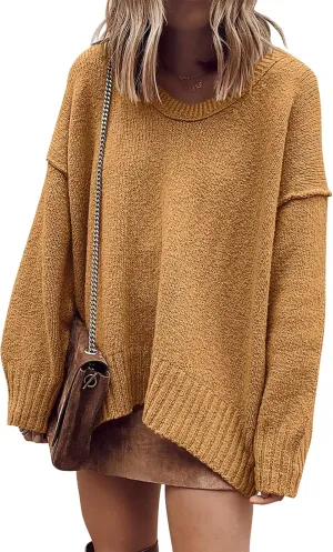 ANRABESS Women's Oversized Casual Loose Slouchy Scoop V Neck Batwing Long Sleeve Knit 2025 Fall Pullover Sweaters