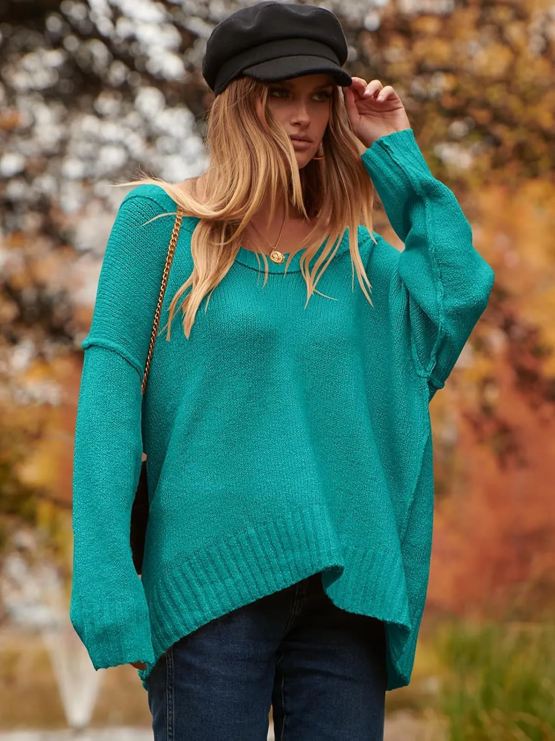 ANRABESS Women's Oversized Casual Loose Slouchy Scoop V Neck Batwing Long Sleeve Knit 2025 Fall Pullover Sweaters