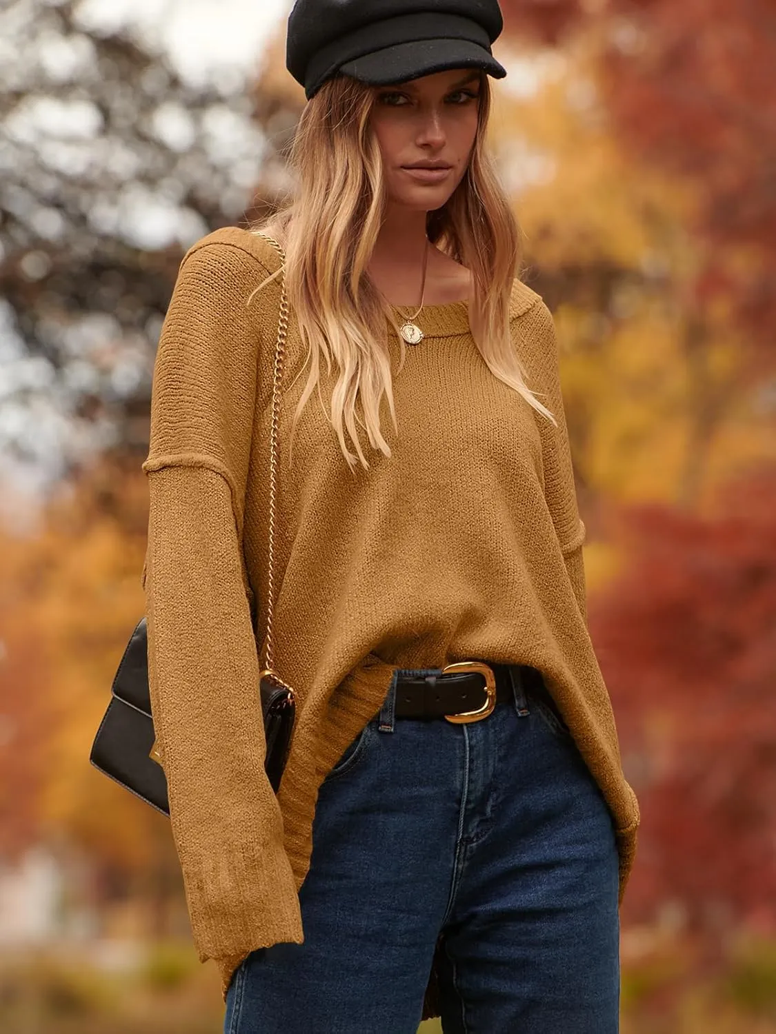 ANRABESS Women's Oversized Casual Loose Slouchy Scoop V Neck Batwing Long Sleeve Knit 2025 Fall Pullover Sweaters