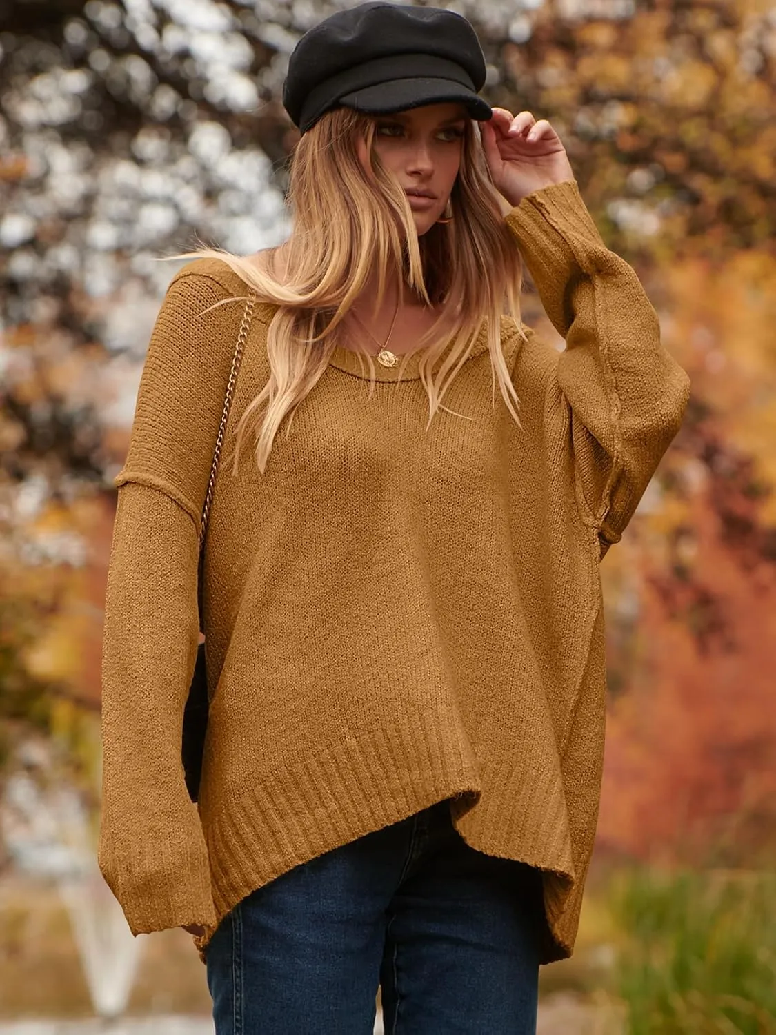 ANRABESS Women's Oversized Casual Loose Slouchy Scoop V Neck Batwing Long Sleeve Knit 2025 Fall Pullover Sweaters