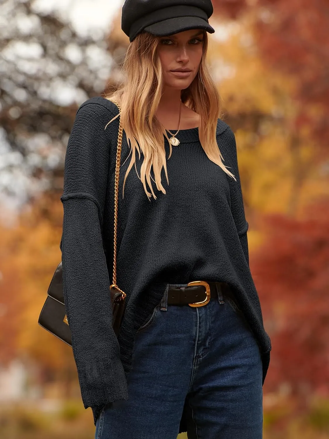 ANRABESS Women's Oversized Casual Loose Slouchy Scoop V Neck Batwing Long Sleeve Knit 2025 Fall Pullover Sweaters