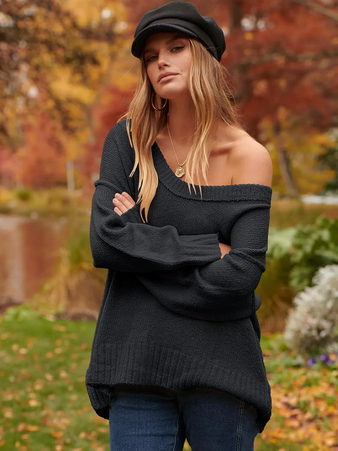 ANRABESS Women's Oversized Casual Loose Slouchy Scoop V Neck Batwing Long Sleeve Knit 2025 Fall Pullover Sweaters