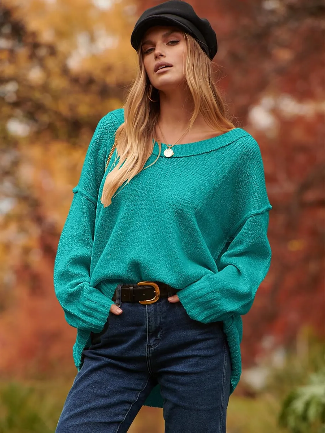 ANRABESS Women's Oversized Casual Loose Slouchy Scoop V Neck Batwing Long Sleeve Knit 2025 Fall Pullover Sweaters