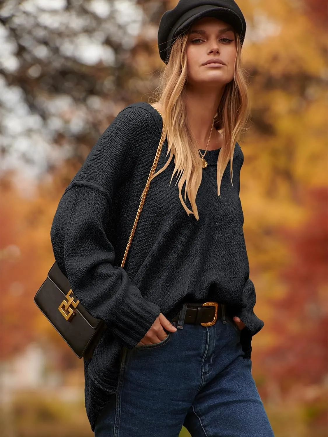 ANRABESS Women's Oversized Casual Loose Slouchy Scoop V Neck Batwing Long Sleeve Knit 2025 Fall Pullover Sweaters