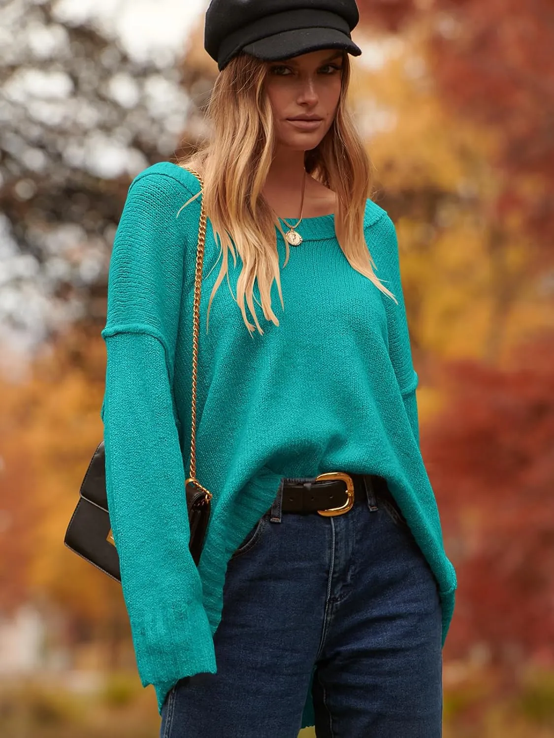 ANRABESS Women's Oversized Casual Loose Slouchy Scoop V Neck Batwing Long Sleeve Knit 2025 Fall Pullover Sweaters