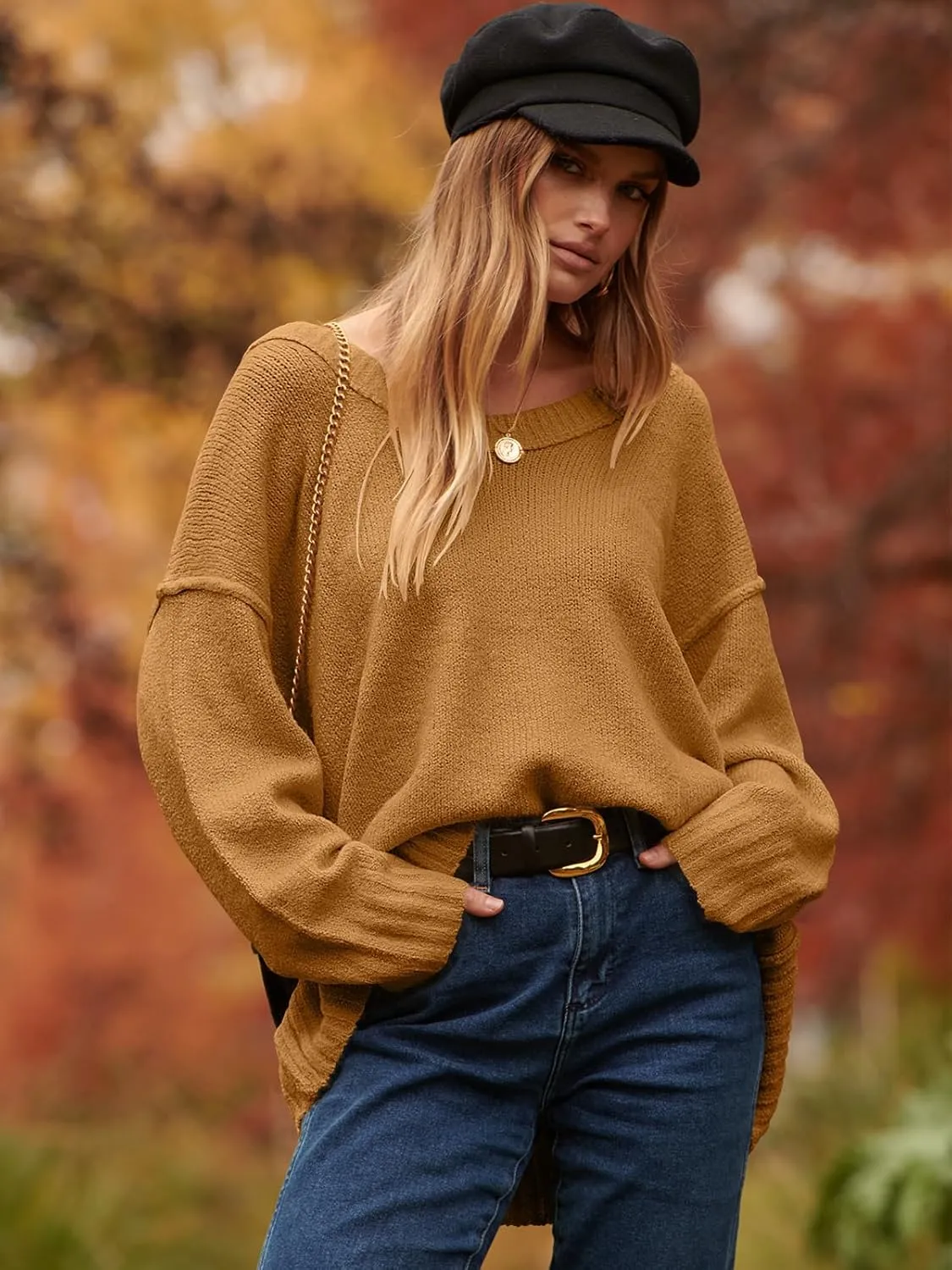 ANRABESS Women's Oversized Casual Loose Slouchy Scoop V Neck Batwing Long Sleeve Knit 2025 Fall Pullover Sweaters