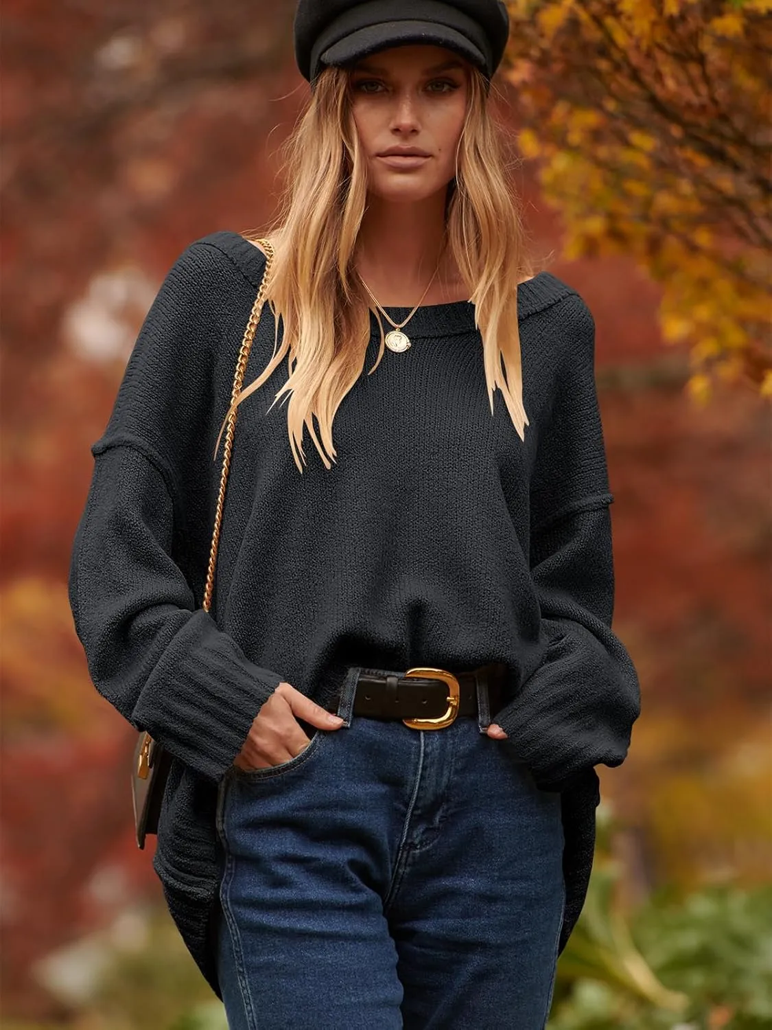 ANRABESS Women's Oversized Casual Loose Slouchy Scoop V Neck Batwing Long Sleeve Knit 2025 Fall Pullover Sweaters