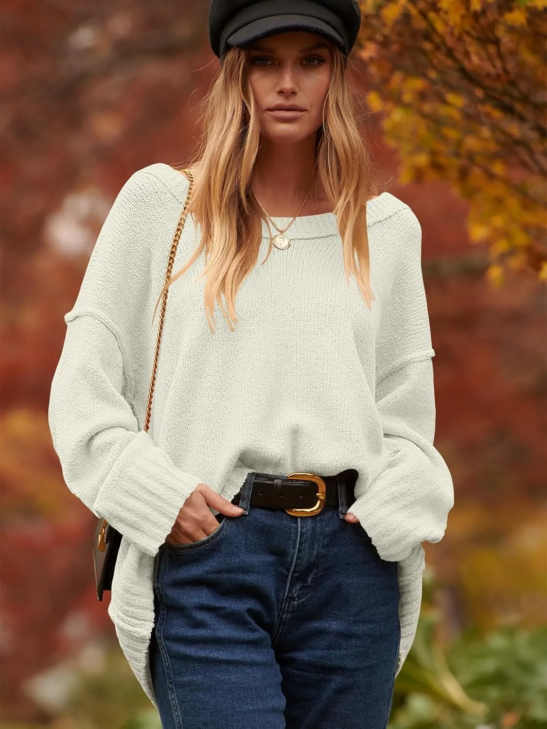 ANRABESS Women's Oversized Casual Loose Slouchy Scoop V Neck Batwing Long Sleeve Knit 2025 Fall Pullover Sweaters