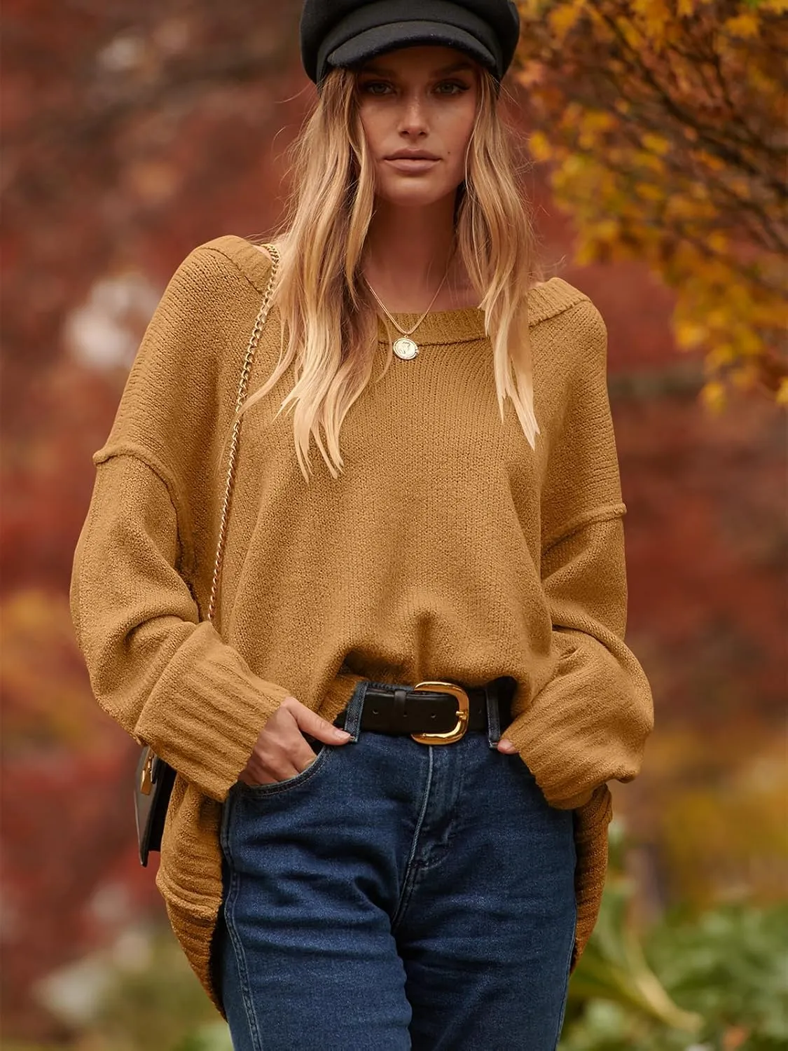 ANRABESS Women's Oversized Casual Loose Slouchy Scoop V Neck Batwing Long Sleeve Knit 2025 Fall Pullover Sweaters