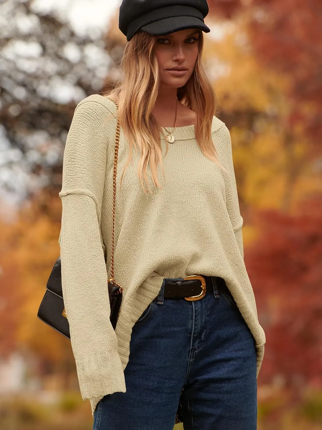 ANRABESS Women's Oversized Casual Loose Slouchy Scoop V Neck Batwing Long Sleeve Knit 2025 Fall Pullover Sweaters