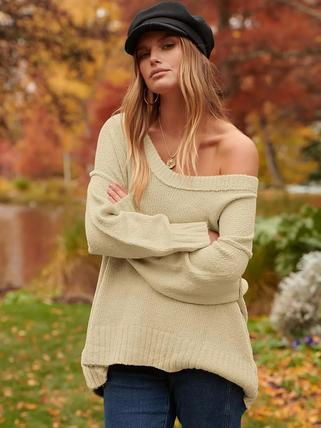 ANRABESS Women's Oversized Casual Loose Slouchy Scoop V Neck Batwing Long Sleeve Knit 2025 Fall Pullover Sweaters