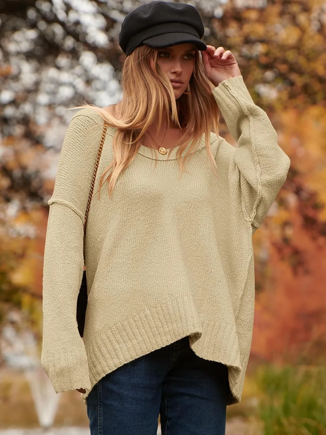 ANRABESS Women's Oversized Casual Loose Slouchy Scoop V Neck Batwing Long Sleeve Knit 2025 Fall Pullover Sweaters