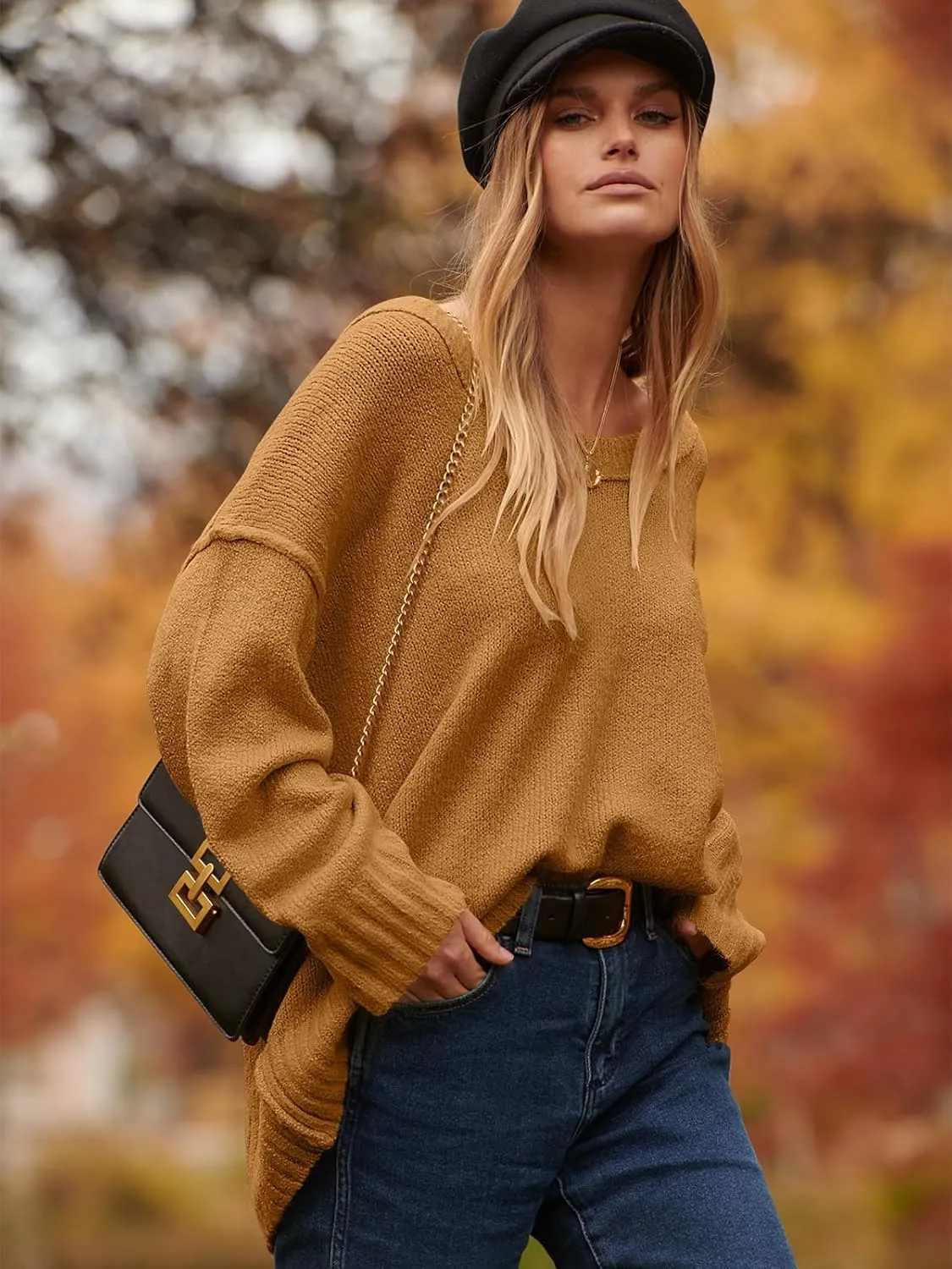 ANRABESS Women's Oversized Casual Loose Slouchy Scoop V Neck Batwing Long Sleeve Knit 2025 Fall Pullover Sweaters