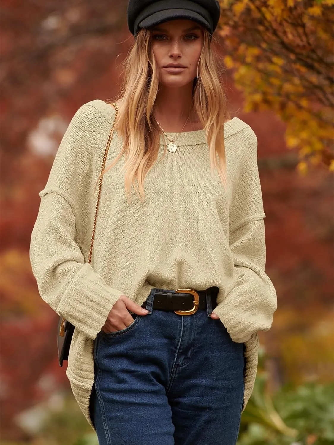 ANRABESS Women's Oversized Casual Loose Slouchy Scoop V Neck Batwing Long Sleeve Knit 2025 Fall Pullover Sweaters