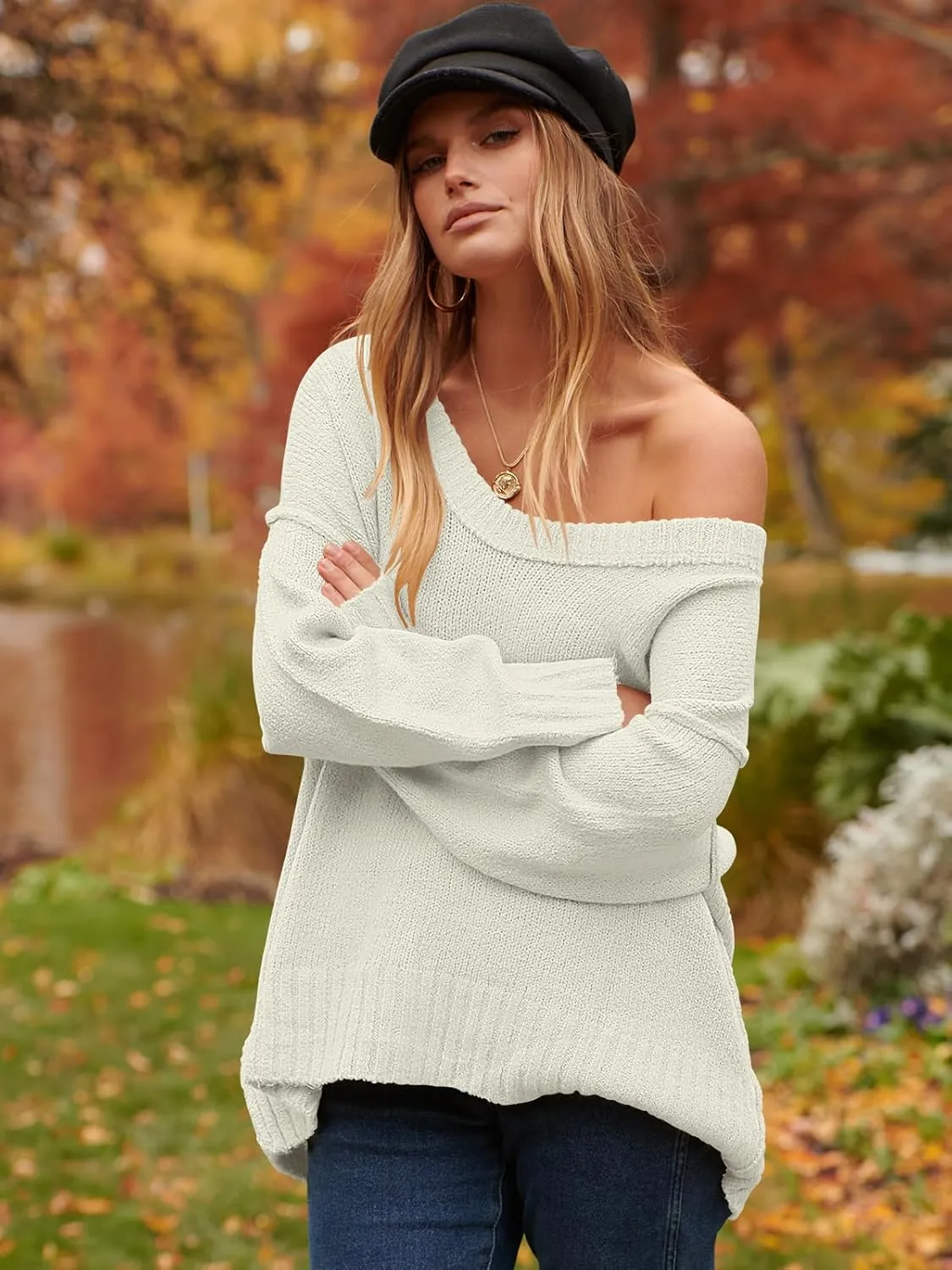 ANRABESS Women's Oversized Casual Loose Slouchy Scoop V Neck Batwing Long Sleeve Knit 2025 Fall Pullover Sweaters