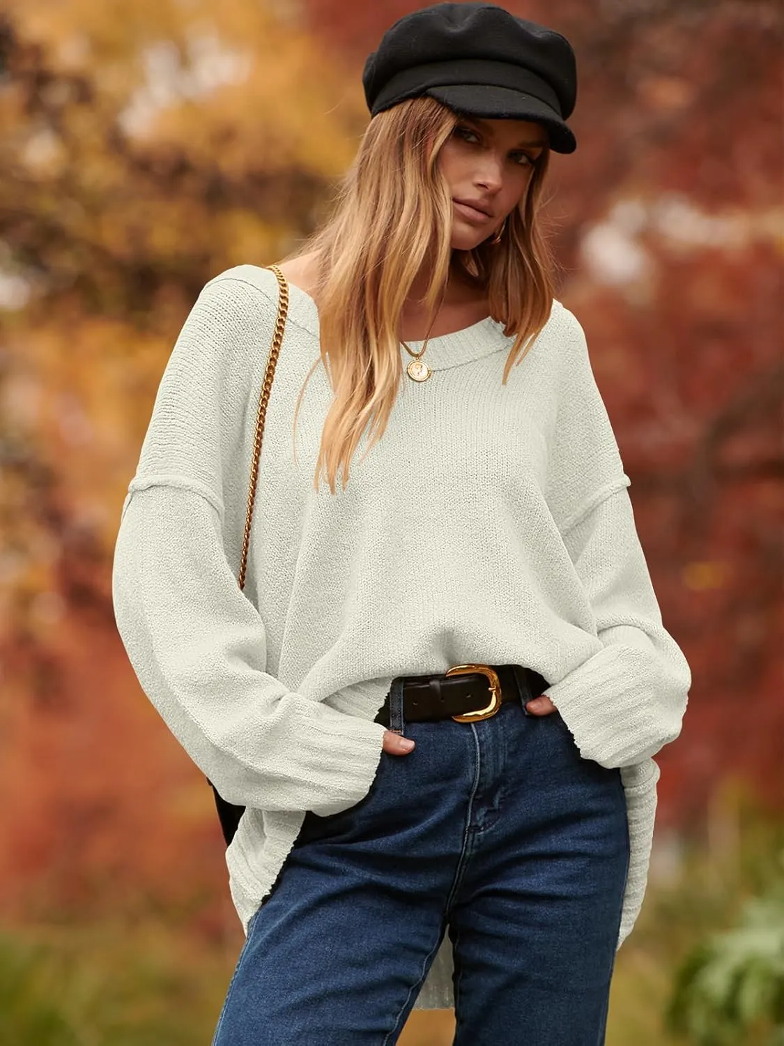 ANRABESS Women's Oversized Casual Loose Slouchy Scoop V Neck Batwing Long Sleeve Knit 2025 Fall Pullover Sweaters