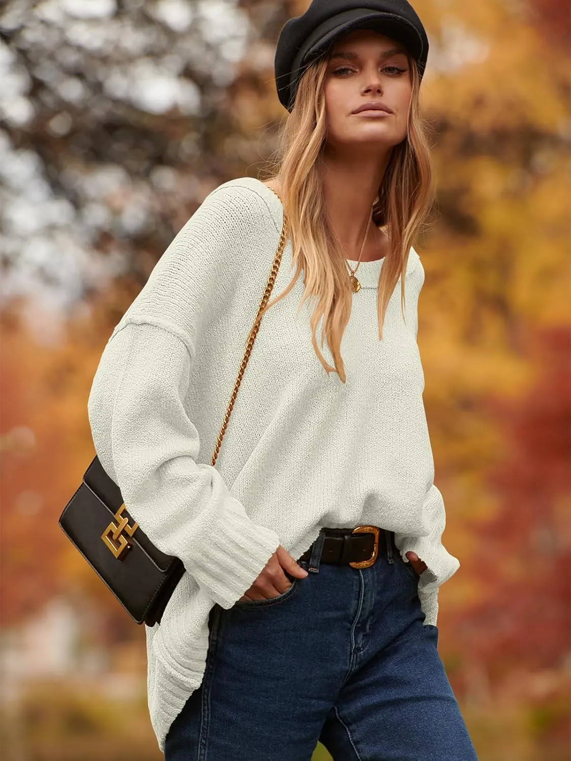 ANRABESS Women's Oversized Casual Loose Slouchy Scoop V Neck Batwing Long Sleeve Knit 2025 Fall Pullover Sweaters