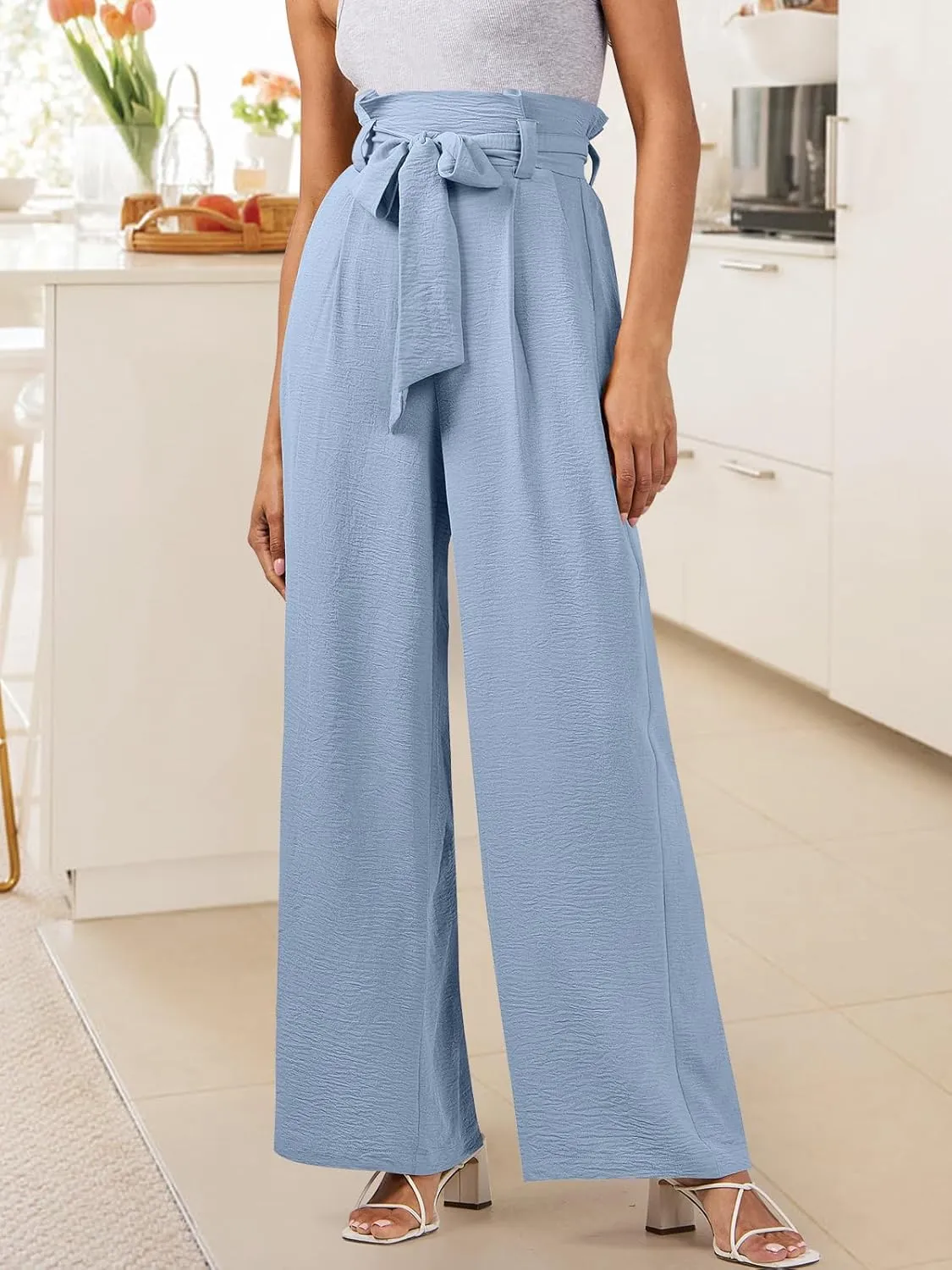 ANRABESS Womens Wide Leg Palazzo Pants Belted High Waisted Business Casual Flowy Long Trousers with Pockets